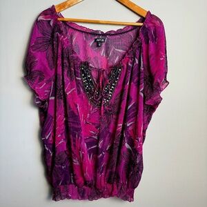 APT. 9 Women's Fuchsia Floral Print Satin Cap sleeve Sheer Blouse Size 2X V-Neck